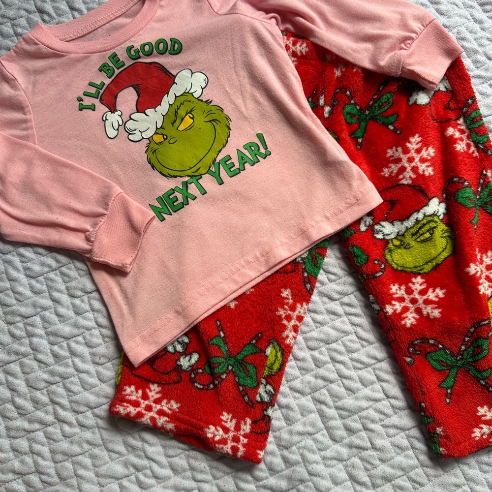 Festive Pink and Red Pajama Set with Grinch Design